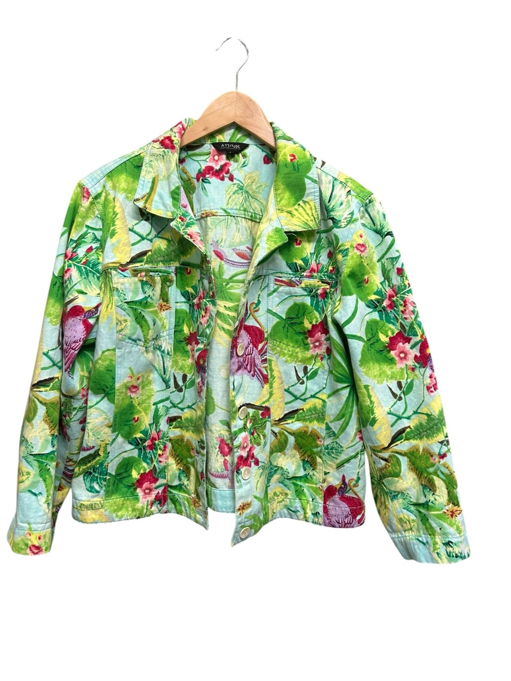 Attitude Tropical Flower Bird Print Cotton Jacket Size L